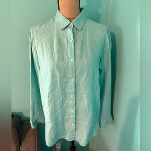 EUC J. McLaughlin Women’s 100% Linen Britt Button Down Blue Shirt Size Small